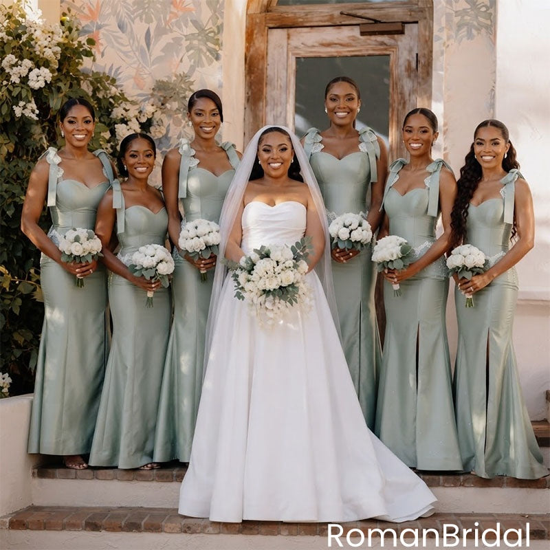 Classy Sage Green Satin Strapless Sweetheart Mermaid Bridesmaid Dresses ,BG1020
