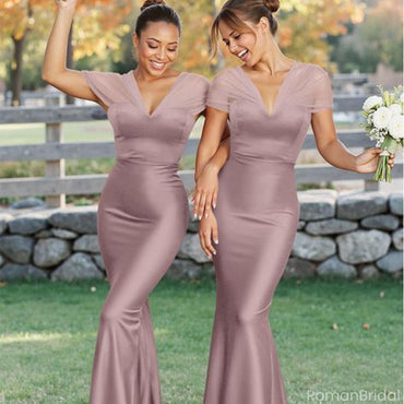 Elegant Pink V-Neck Short sleeves Mermaid Long Bridesmaid Dresses Online , BG875