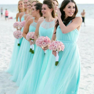 Unique Mint Green Halter Sleeveless A-Line Long Bridesmaid Dresses Online, BG896