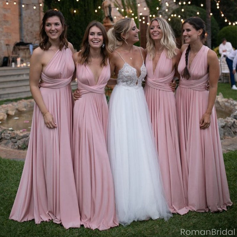 Sexy Pink V-Neck Sleeveless A-Line Long Bridesmaid Dresses Online, BG868