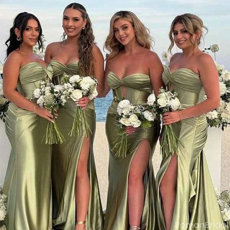 Elegant Green Sweetheart Sleeveless Mermaid Side Slit Long Bridesmaid Dresses Online , BG872