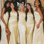 Elegant Champagne One Shoulder Satin Bridesmaid Dress Long Mermaid Gown with Side Slit,BG932