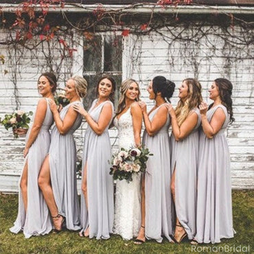 Elegant Gray V-Neck Sleeveless Mermaid Long Bridesmaid Dresses Online , BG880