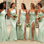 Classy Green Satin Bridesmaid Dress Sexy One Shoulder Ruched Side Slit Long Wedding Guest Gown,BG939