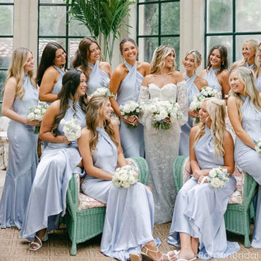 Elegant Blue V-Neck Sleeveless Mermaid Long Bridesmaid Dresses Online, BG893