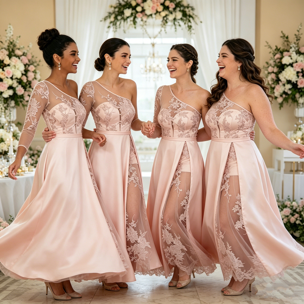 One-Shoulder Floral Lace Illusion Sweetheart Pink Satin Bridesmaid Dresses,BG967