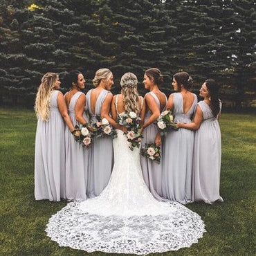 Elegant Gray V-Neck Sleeveless Mermaid Long Bridesmaid Dresses Online , BG880