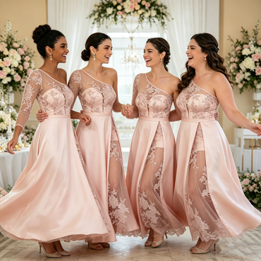 One-Shoulder Floral Lace Illusion Sweetheart Pink Satin Bridesmaid Dresses,BG967