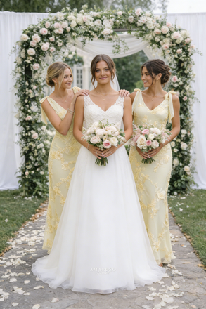 Yellow Floral Lace Bridesmaid Dresses Long V Neck Tie Shoulder Wedding Gowns,BG947