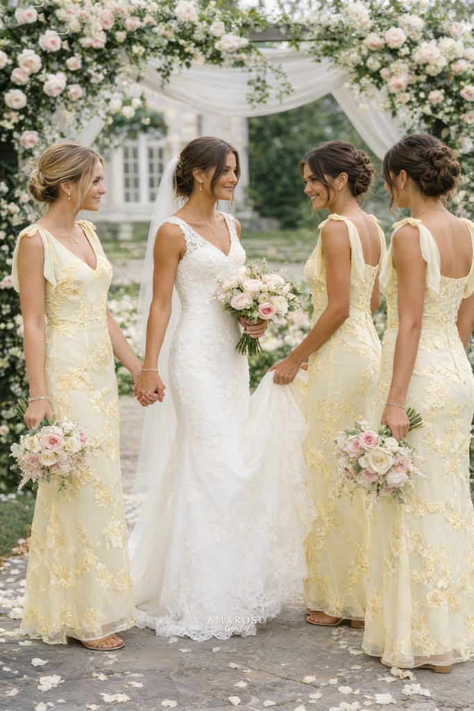 Yellow Floral Lace Bridesmaid Dresses Long V Neck Tie Shoulder Wedding Gowns,BG947
