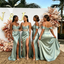 Classy Sage Green Satin Bridesmaid Dresses with Ruched Bodice and High Slit,BG987