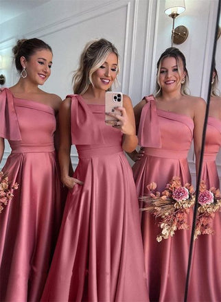Elegant Pink One-Shoulder Sleeveless Mermaid Long Bridesmaid Dresses Online, BG894