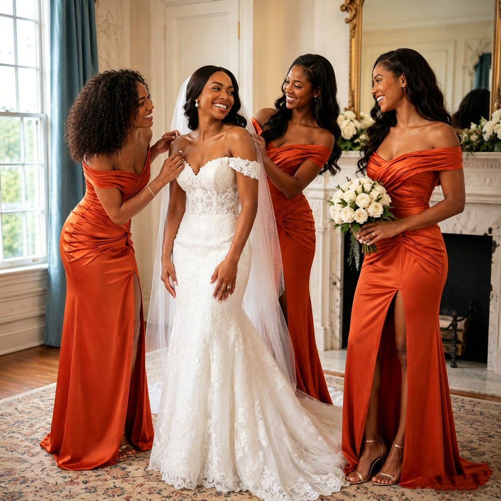 Fancy Burnt Orange Satin Bridesmaid Dress Elegant Off Shoulder Sexy Slit Gown,BG1004