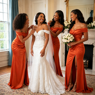 Fancy Burnt Orange Satin Bridesmaid Dress Elegant Off Shoulder Sexy Slit Gown,BG1004