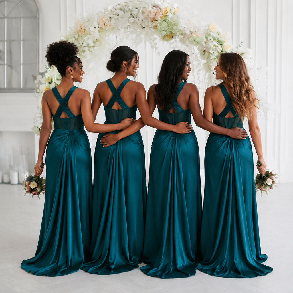 Classy Teal One Shoulder Bridesmaid Dresses Split Mermaid Satin Corset Bodice Gown,BG990
