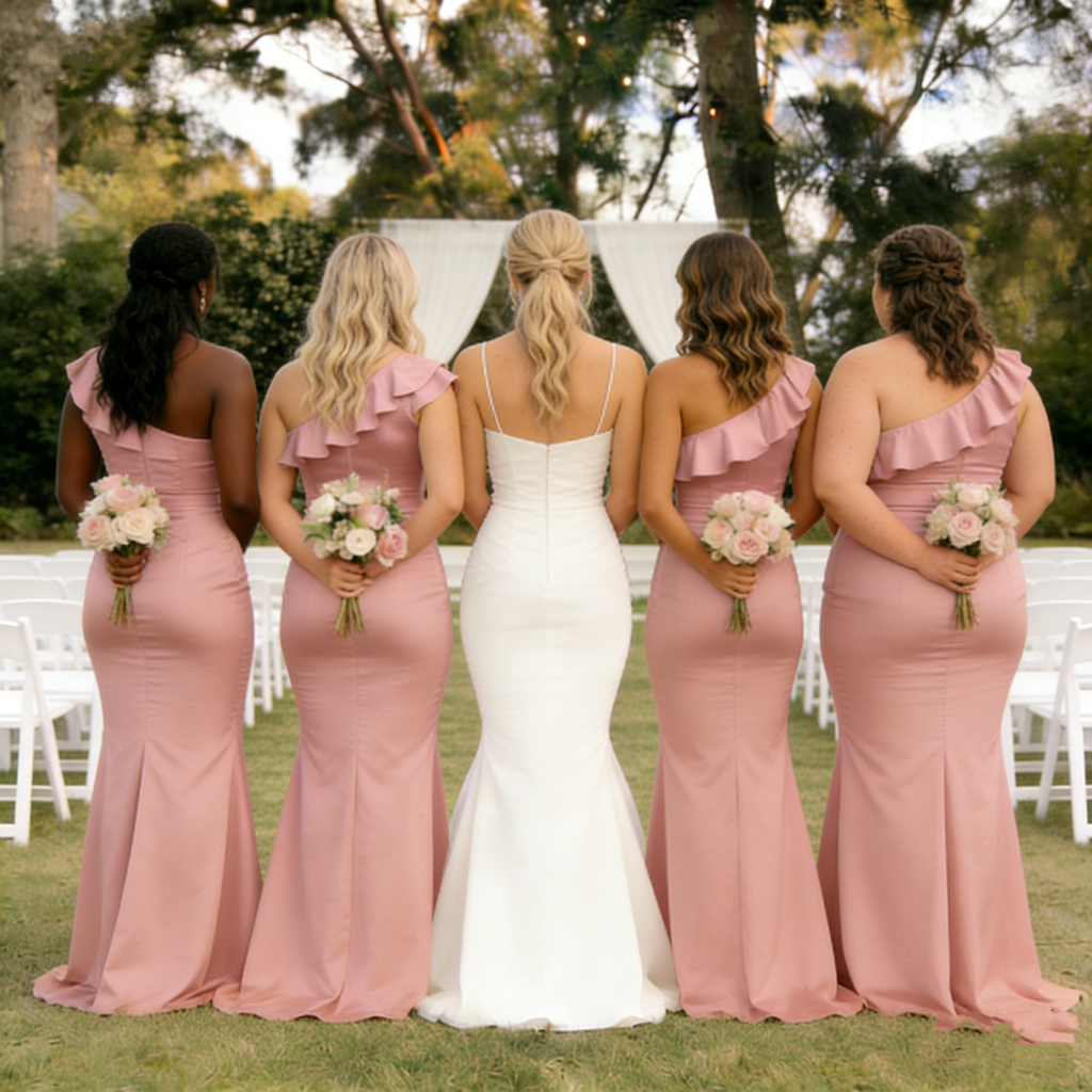 One Shoulder Ruffle Dusty Rose Mermaid Bridesmaid Dress Long Satin Gown Modern,BG941
