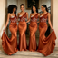 One Shoulder Beaded Satin Mermaid Bridesmaid Dresses Burnt Orange Long Gown,BG977