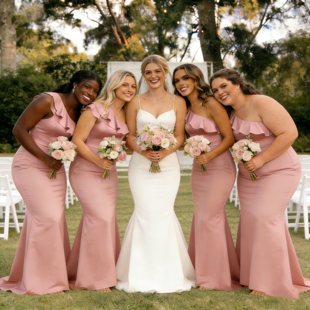 One Shoulder Ruffle Dusty Rose Mermaid Bridesmaid Dress Long Satin Gown Modern,BG941