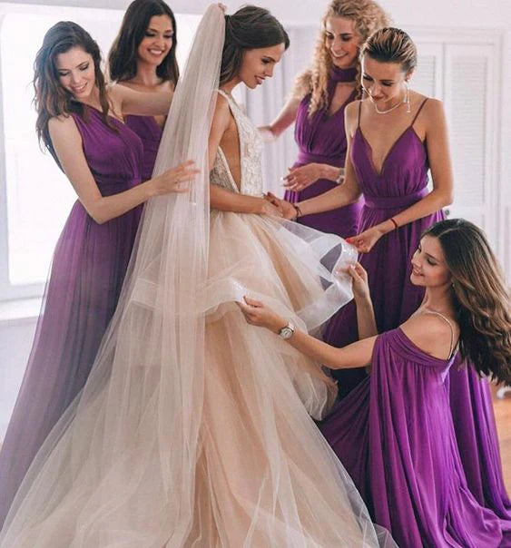 Elegant Mismatched Purple Sleeveless A-Line Long Bridesmaid Dresses Online, BG902
