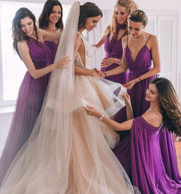 Elegant Mismatched Purple Sleeveless A-Line Long Bridesmaid Dresses Online, BG902