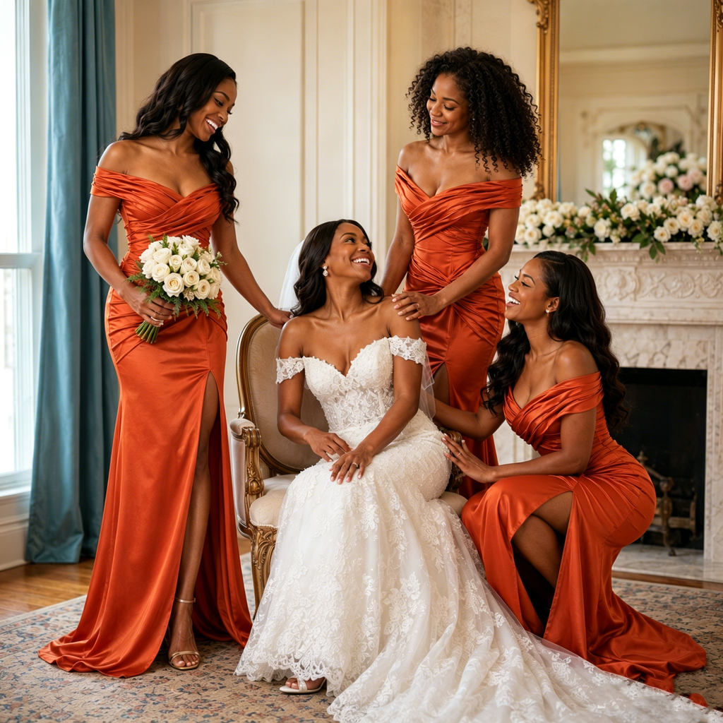 Fancy Burnt Orange Satin Bridesmaid Dress Elegant Off Shoulder Sexy Slit Gown,BG1004