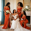 Fancy Burnt Orange Satin Bridesmaid Dress Elegant Off Shoulder Sexy Slit Gown,BG1004