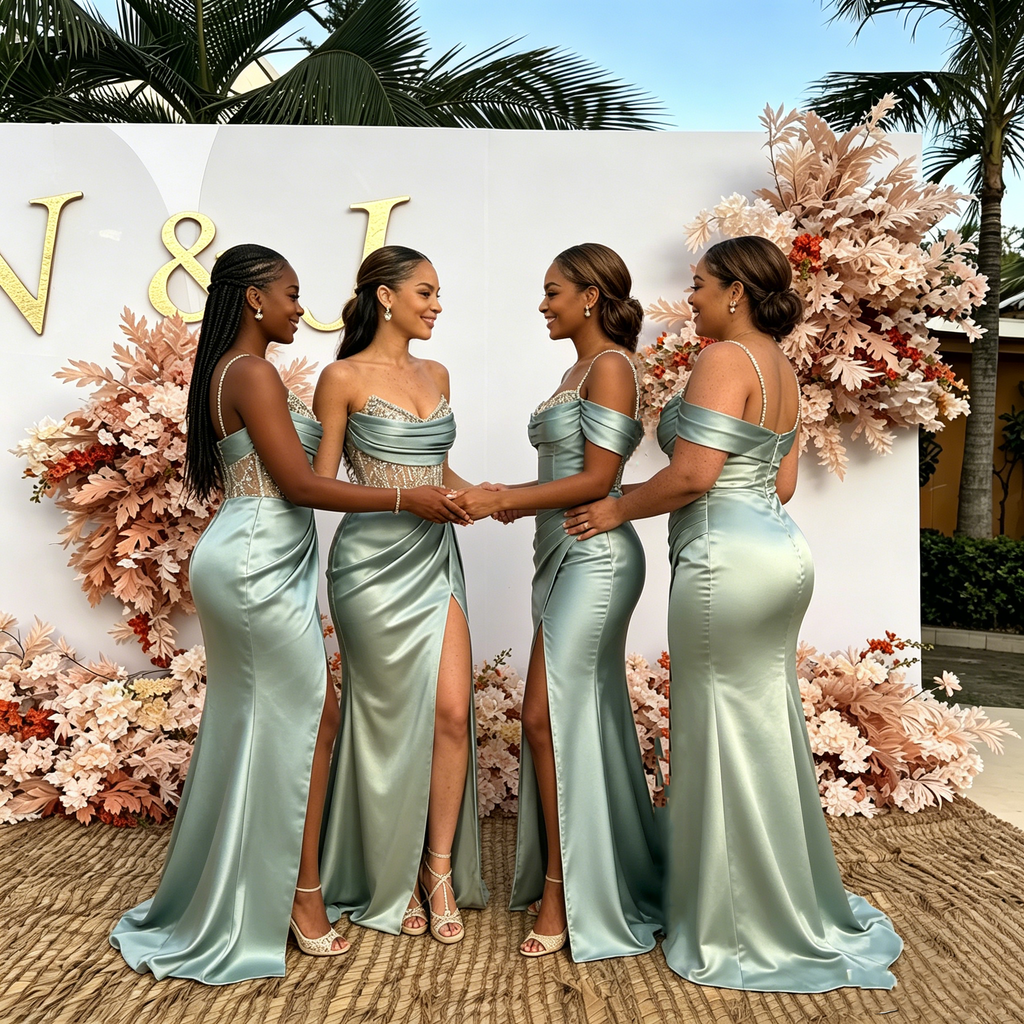 Classy Sage Green Satin Bridesmaid Dresses with Ruched Bodice and High Slit,BG987