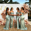 Classy Sage Green Satin Bridesmaid Dresses with Ruched Bodice and High Slit,BG987