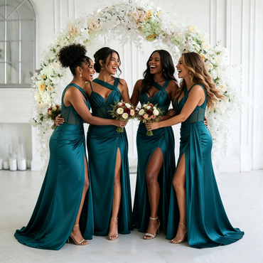 Classy Teal One Shoulder Bridesmaid Dresses Split Mermaid Satin Corset Bodice Gown,BG990