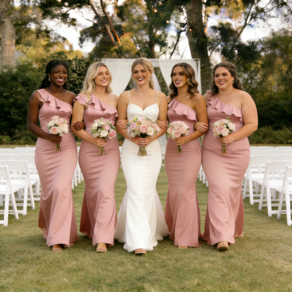 One Shoulder Ruffle Dusty Rose Mermaid Bridesmaid Dress Long Satin Gown Modern,BG941