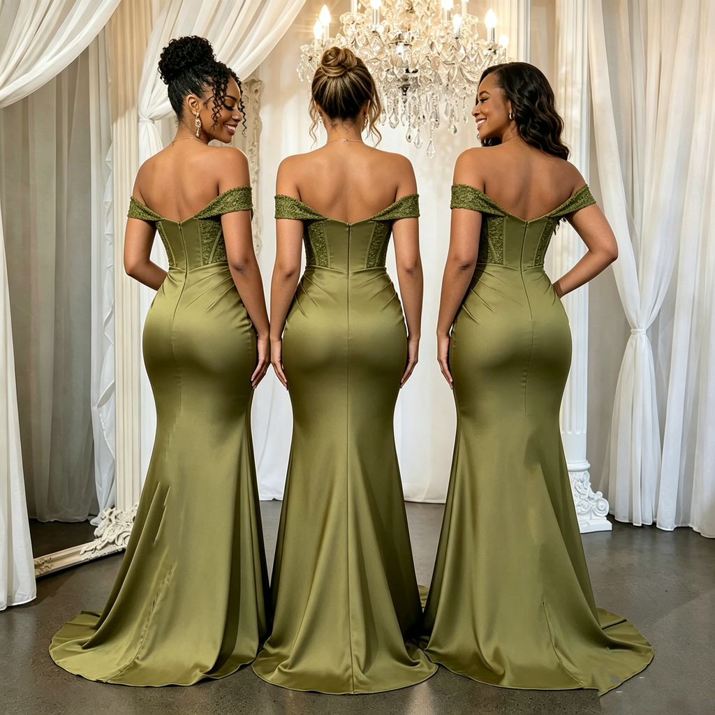 Classy Olive Green Satin Bridesmaid Dress Featuring Off The Shoulder Corset Bodice,BG992