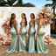 Classy Sage Green Satin Bridesmaid Dresses with Ruched Bodice and High Slit,BG987