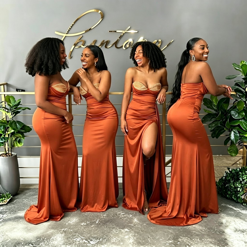 Sexy Burnt Orange Satin Strapless Mermaid Bridesmaid Dress with High Slit,BG1010