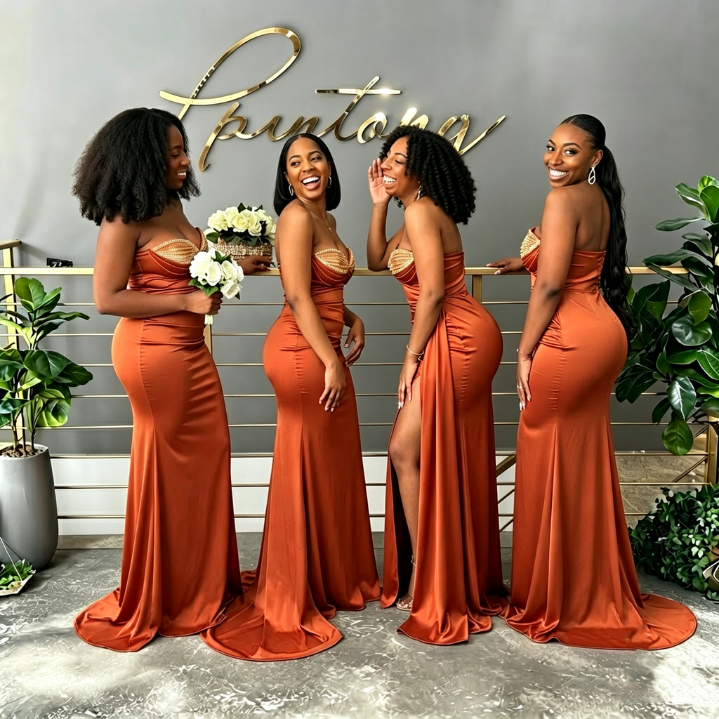 Sexy Burnt Orange Satin Strapless Mermaid Bridesmaid Dress with High Slit,BG1010