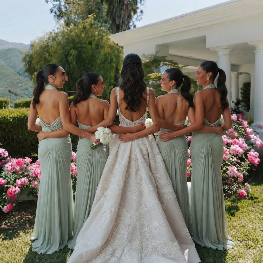 Modern Sage Green Halter Pleated Chiffon Floor-Length Bridesmaid Dress with Open Back,BG1024
