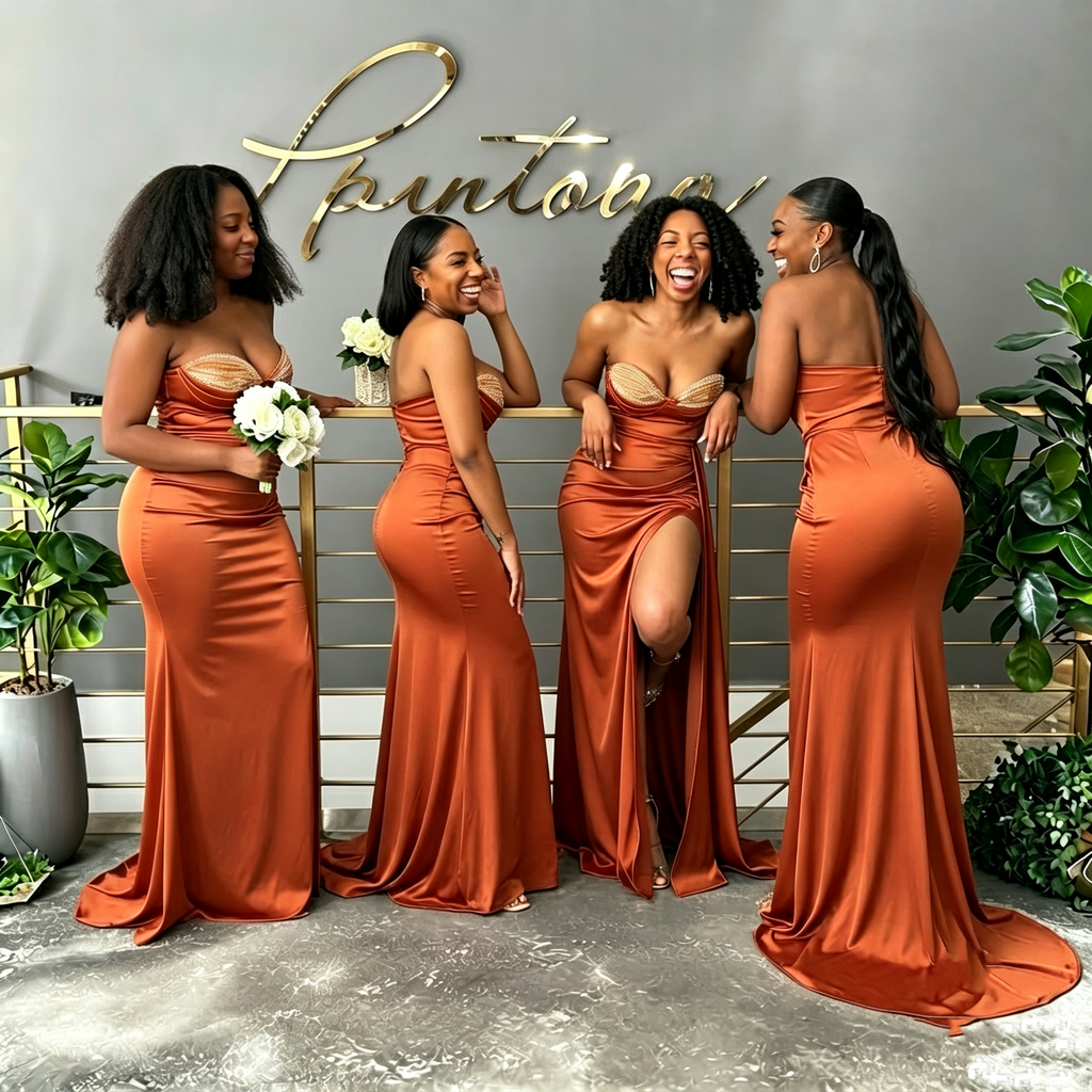 Sexy Burnt Orange Satin Strapless Mermaid Bridesmaid Dress with High Slit,BG1010