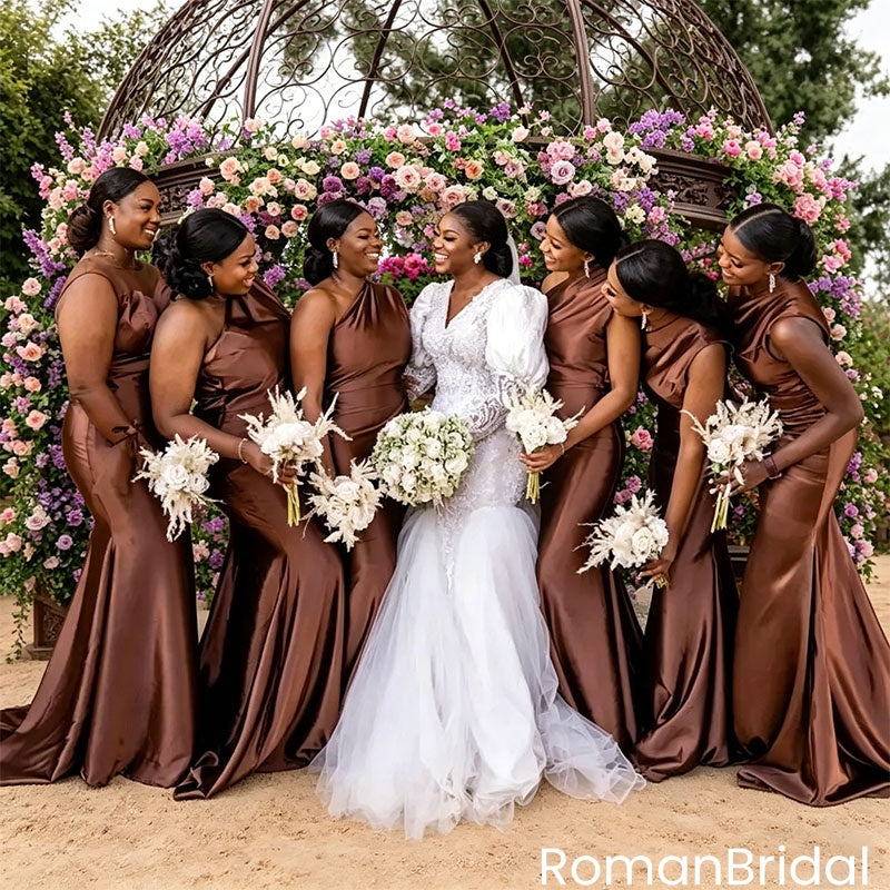 Unique Chocolate Brown Satin Bridesmaid Dresses One Shoulder Mermaid Silhouette,BG975