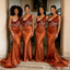 One Shoulder Beaded Satin Mermaid Bridesmaid Dresses Burnt Orange Long Gown,BG977