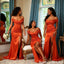 Fancy Burnt Orange Satin Bridesmaid Dress Elegant Off Shoulder Sexy Slit Gown,BG1004