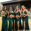 Sexy Satin Emerald Green Deep V-Neck Leg Slit Bridesmaid Dresses,BG971