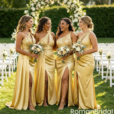 Stunning Golden Mermaid Bridesmaid Gown with Sexy Side Slit,BG961