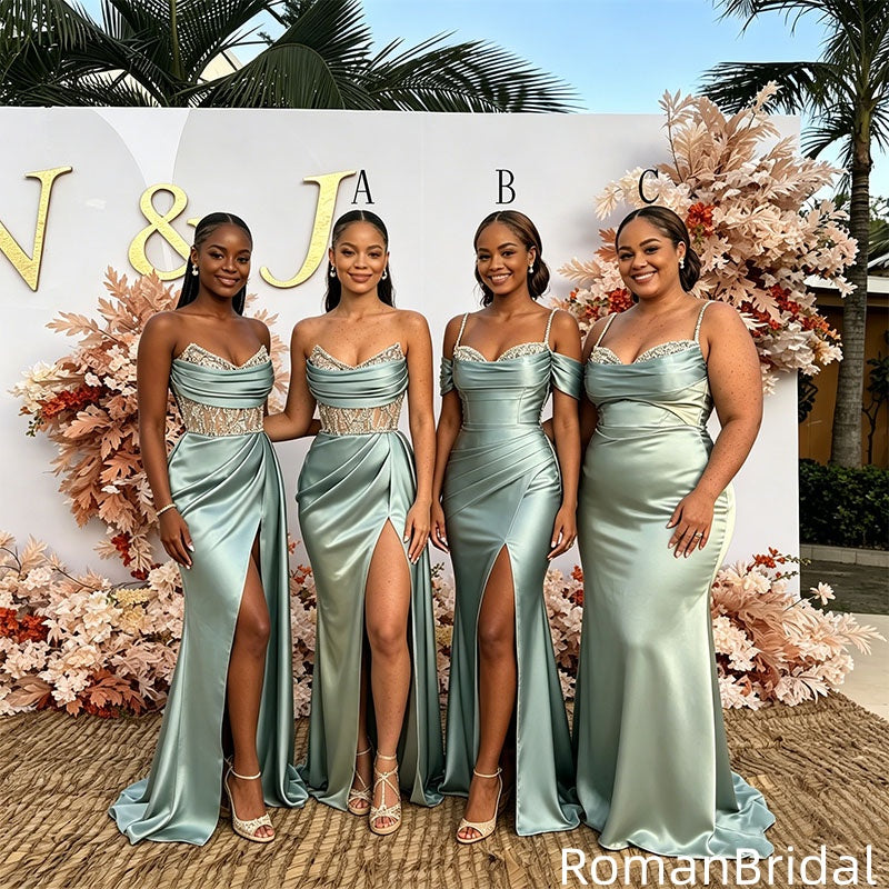 Classy Sage Green Satin Bridesmaid Dresses with Ruched Bodice and High Slit,BG987