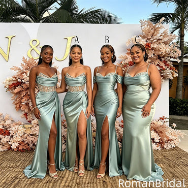 Classy Sage Green Satin Bridesmaid Dresses with Ruched Bodice and High Slit,BG987