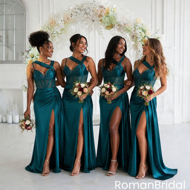 Classy Teal One Shoulder Bridesmaid Dresses Split Mermaid Satin Corset Bodice Gown,BG990