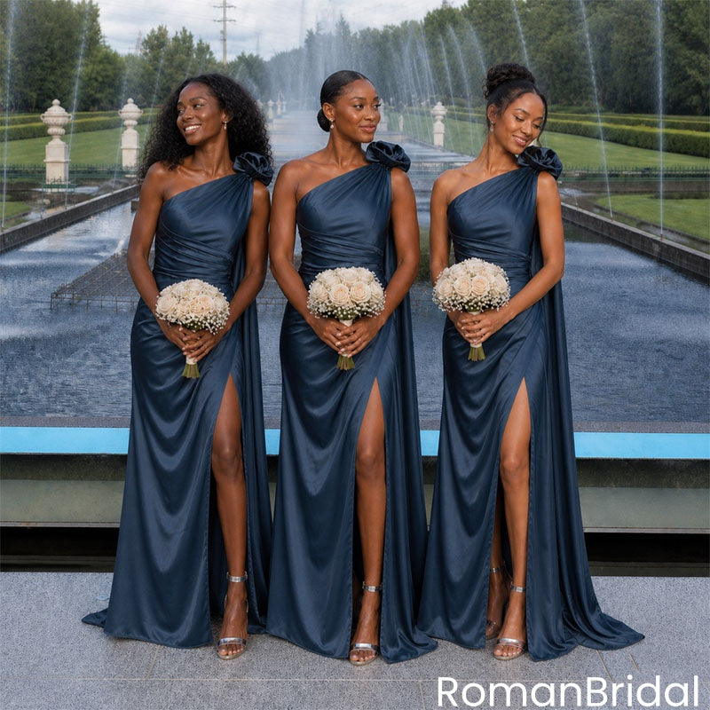 Elegant Navy Satin Bridesmaid Dresses One Shoulder Flower Slit Floor L – RomanBridal