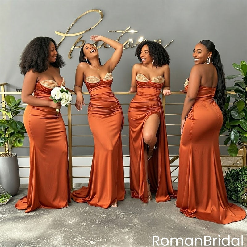 Sexy Burnt Orange Satin Strapless Mermaid Bridesmaid Dress with High Slit,BG1010