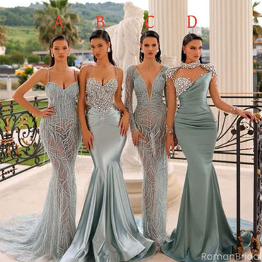 Simple Blue Mismatched Sleeveless Mermaid Long Bridesmaid Dresses Online, BG883