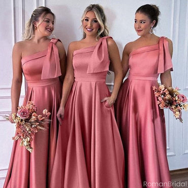 Elegant Pink One-Shoulder Sleeveless Mermaid Long Bridesmaid Dresses Online, BG894
