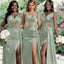 Sexy V Neck Sage Green Satin Mermaid Bridesmaid Dress With Side Slit,BG933