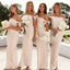 Modern Champagne Off the Shoulder Satin Bridesmaid Gown with Unique Side Tie Sleeves,BG935